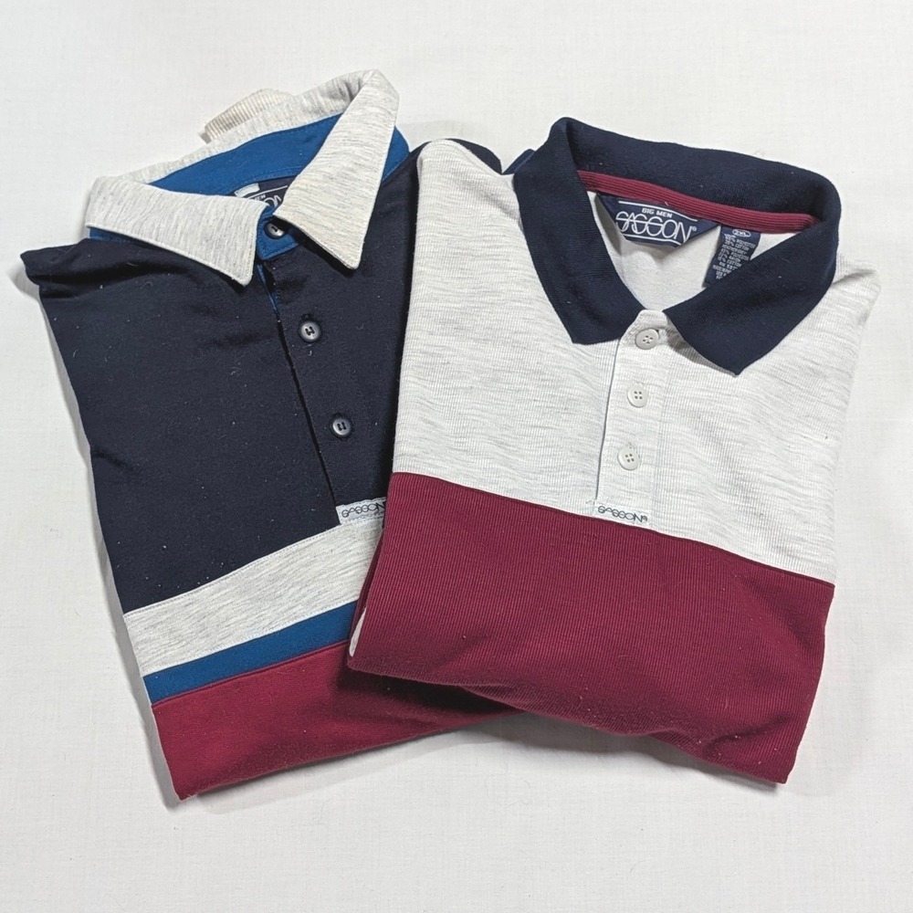 Vintage Sasson Big Men 2XL Long Sleeve Polo Shirt Bundle Navy Grey Red 2 Pack